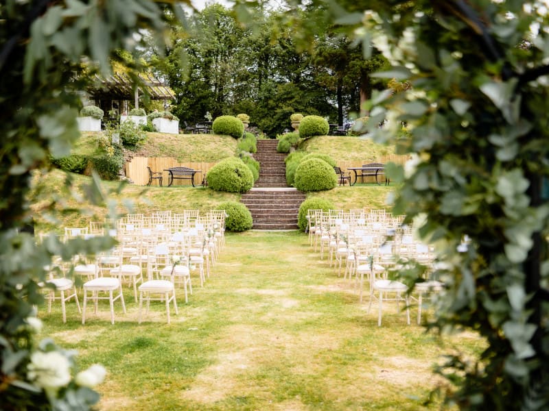 outside ceremony thro leaves