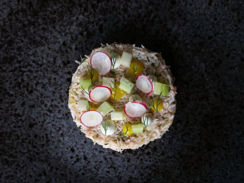 crab, lemon, cucumber celery,