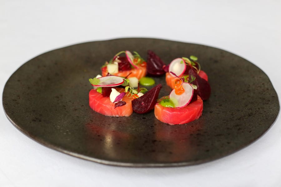 Cured salmon, beetroot salad, cucumber
